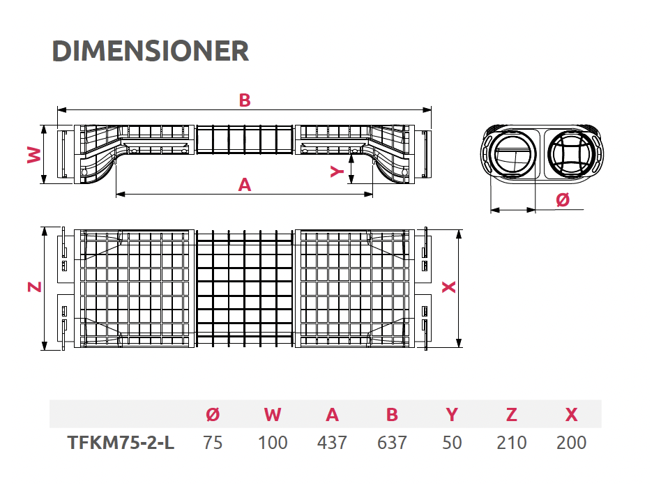 Måttritning för Förskjutningsdel för ventilationsrör Ø 75x2 – lång