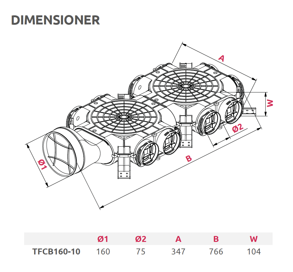 Måttritning för Fördelningsbox med sidamatning Ø 160 – 10x75