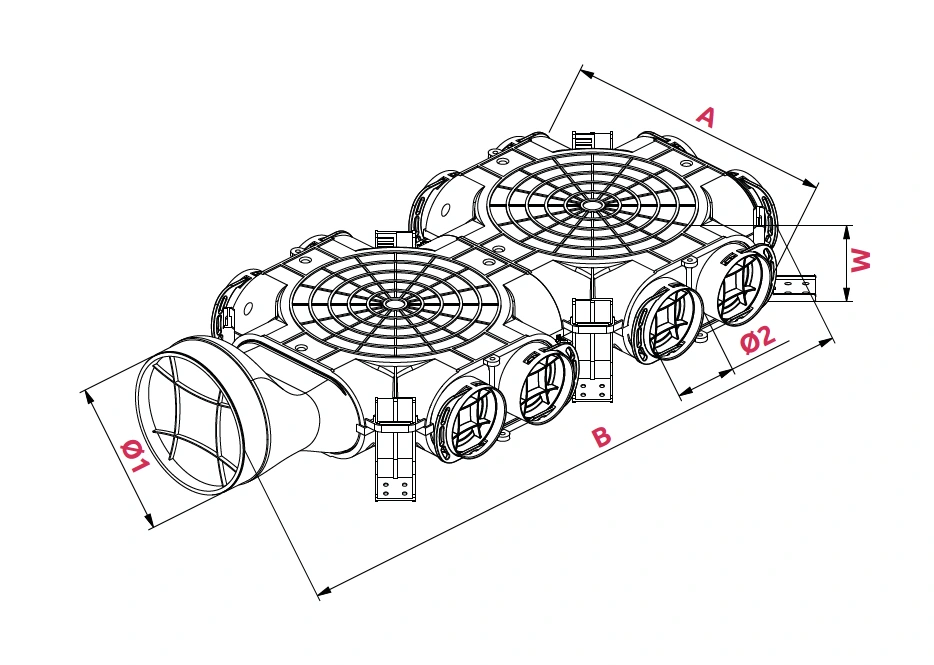 Dimensioner: Fördelningsbox med sidamatning Ø 160 – 10x75