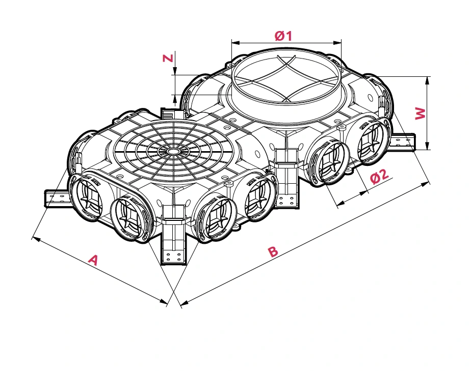 Dimensioner: Fördelningsbox Ø 160/200 – 12x75