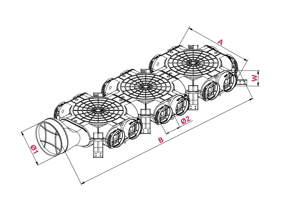 Dimensioner: Fördelningsbox med sidanslutning Ø 160 – 14x75