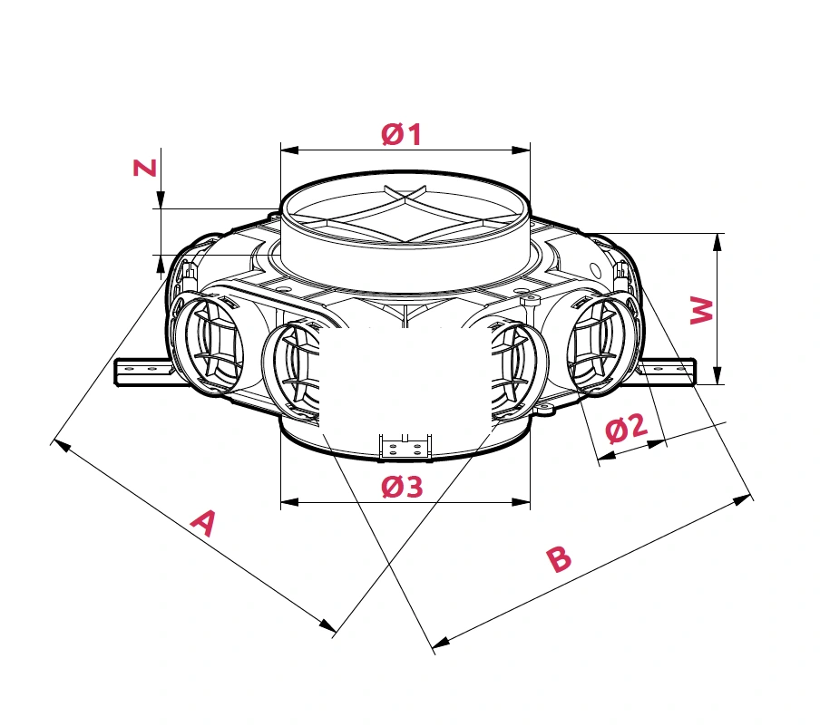 Dimensioner: Genomströmningsfördelningsbox Ø 160/200 – 8x75
