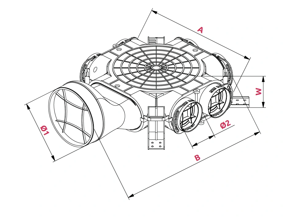 Dimensioner: Fördelningsbox med sidanslutning Ø 160/125 – 6x75