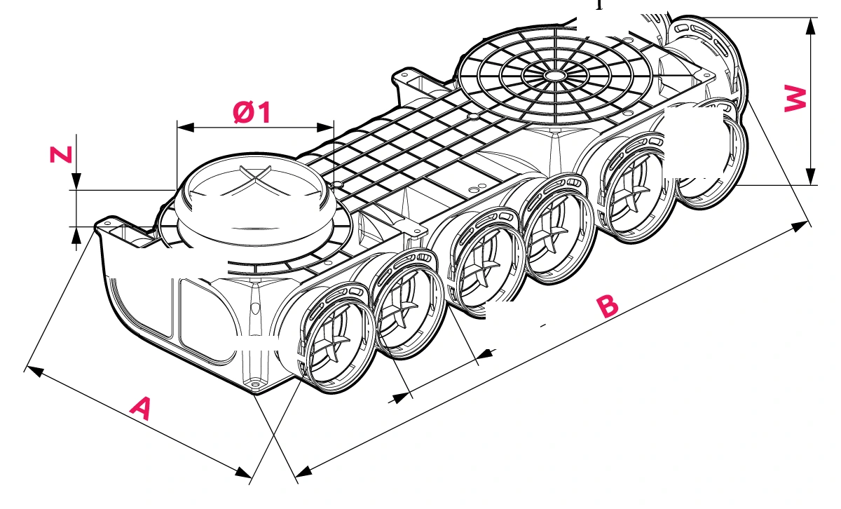 Dimensioner: Hörnfördelningsbox Ø 160/200 – 8x75 – höger
